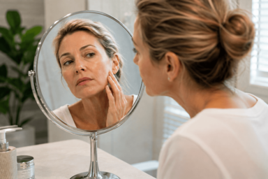 Woman evaluating facial aging signs before considering a facelift in Greenwood, Colorado