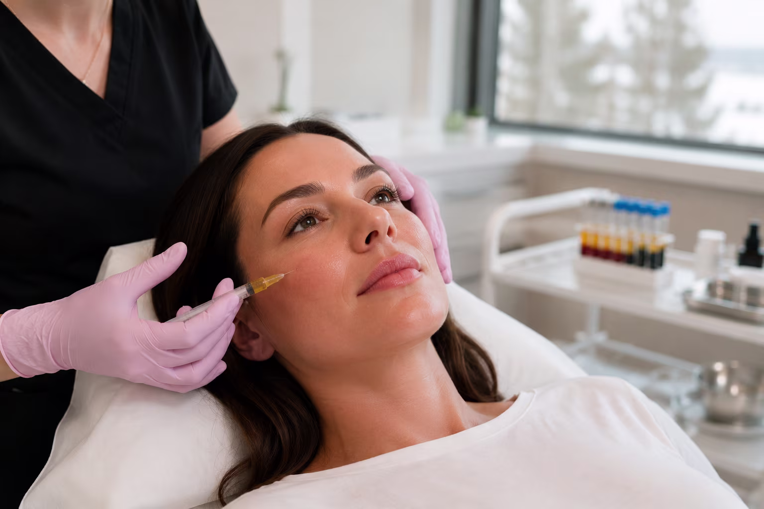 Aesthetician performing a PRF injection treatment on a patient's under eye area in Greenwood, Colorado