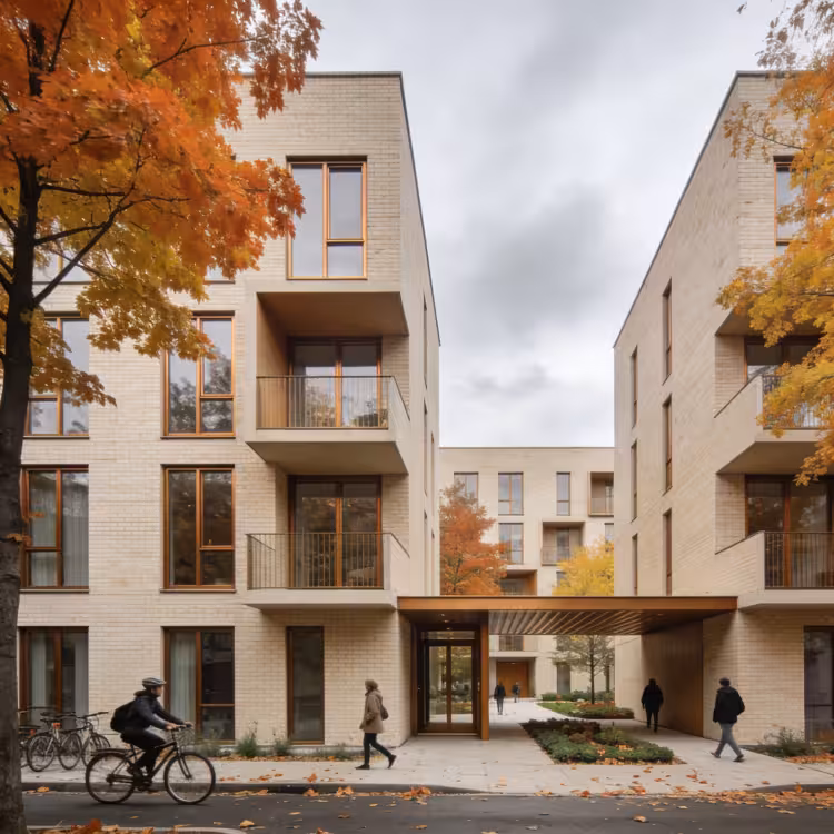 Modernes Mehrfamilienhaus mit begrüntem Innenhof