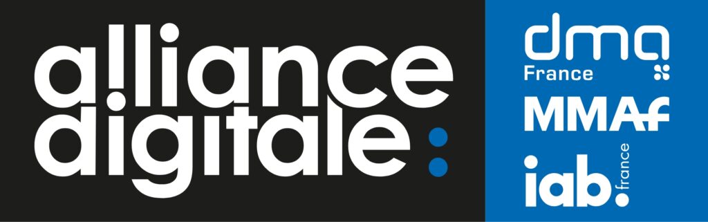 Alliance Digitale logo on black background alongside logos of dma France, MMAF, and iab France on blue background.