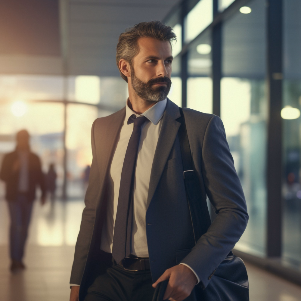 Man in a suit standing in a modern office, looking into the distance.