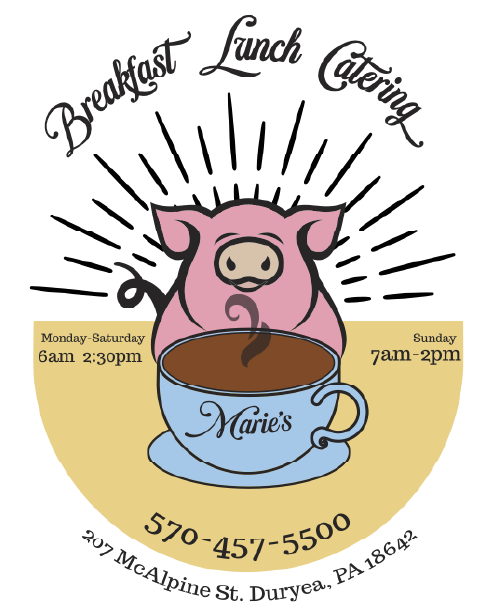Logo featuring a pink pig behind a steaming blue coffee cup with text for Marie's, business hours, phone number, and address.
