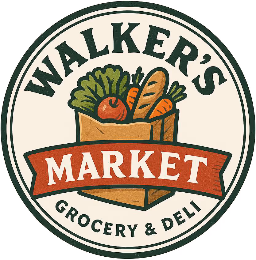 Logo with a brown paper grocery bag filled with lettuce, tomato, carrots, and a baguette with text Walker's Market Grocery & Deli.
