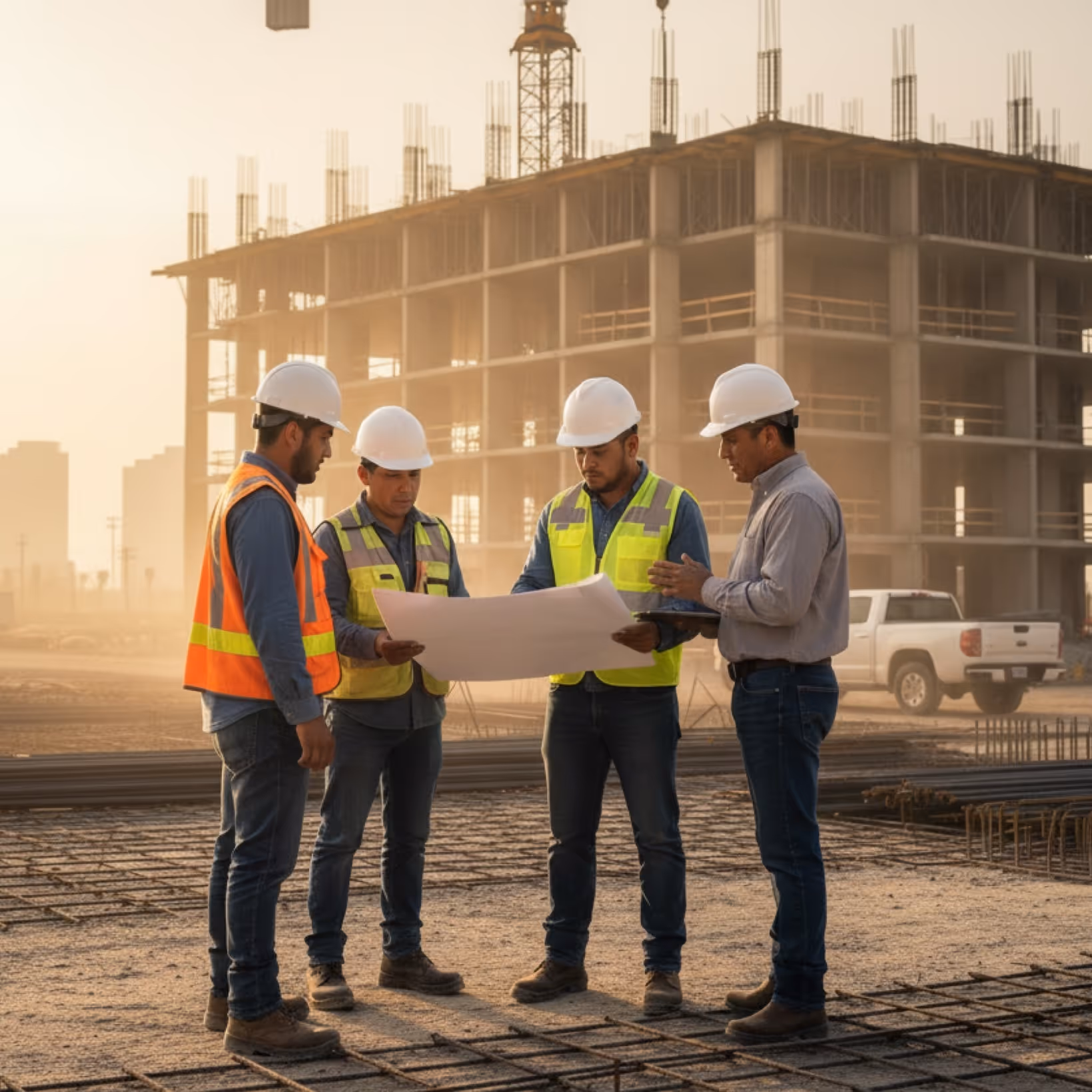 Vier Bauarbeiter mit Schutzhelmen und Warnwesten besprechen Baupläne auf einer Baustelle mit unfertigem Gebäude im Hintergrund.