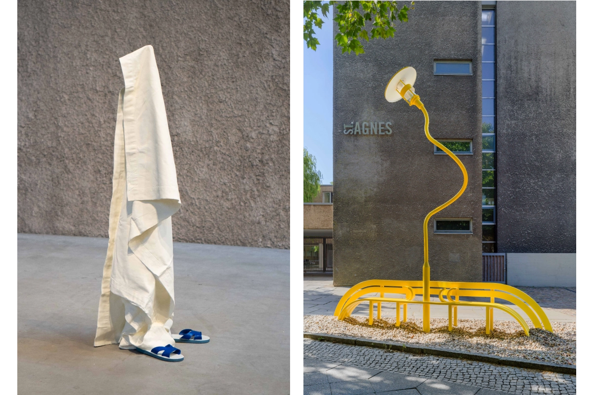 Images: eft: Erwin Wurm - Yikes (Substitutes), Photo by Roman März / right: Jeppe Hein - Yellow Modified Social Bench #11, 2023. Photo by Roman März. Courtesy of the Artist and KÖNIG GALERIE