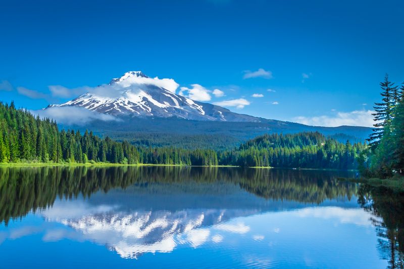 Serene view of Mount Hood with clear reflection on a calm lake surrounded by lush forest.