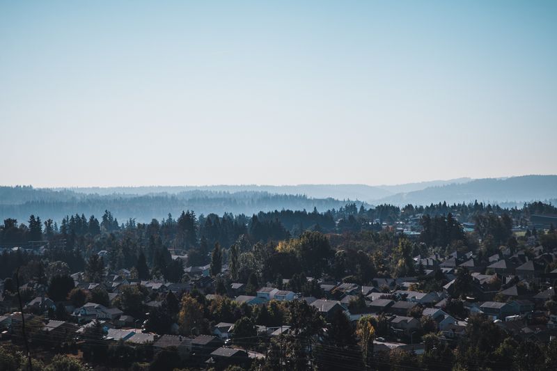 Captivating aerial view of Happy Valley suburbs against misty hills and forest backdrop.