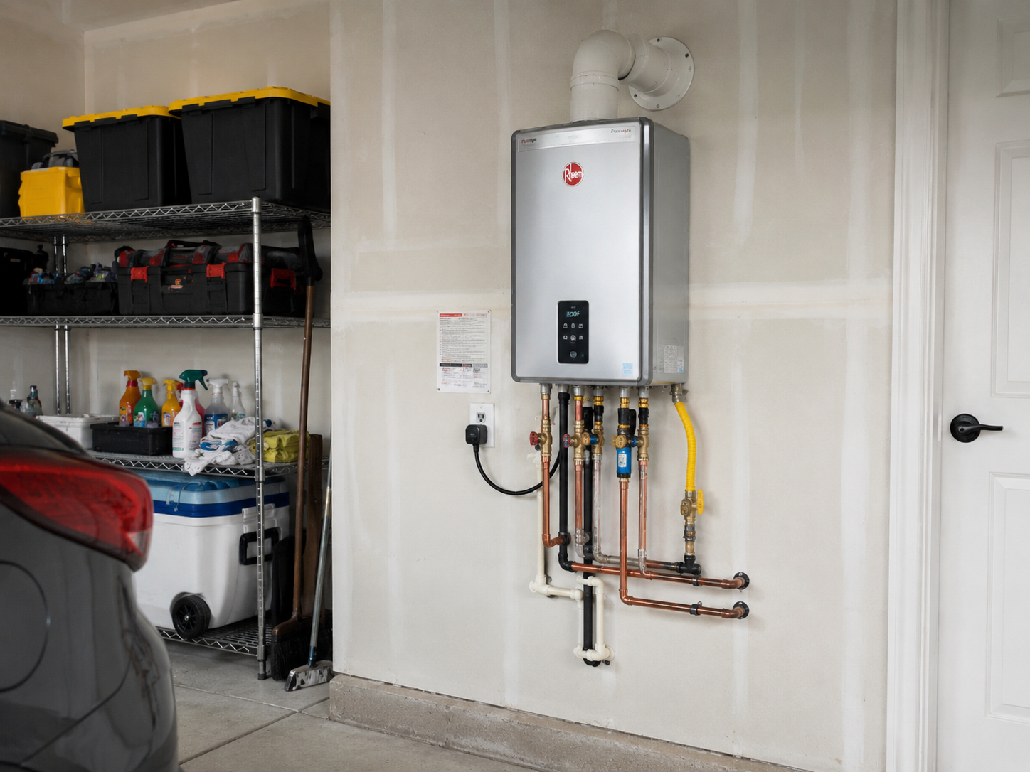 Wall-mounted tankless water heater installed in a clean residential garage with organized shelving, illustrating a space-saving, energy-efficient hot water system for modern homes.