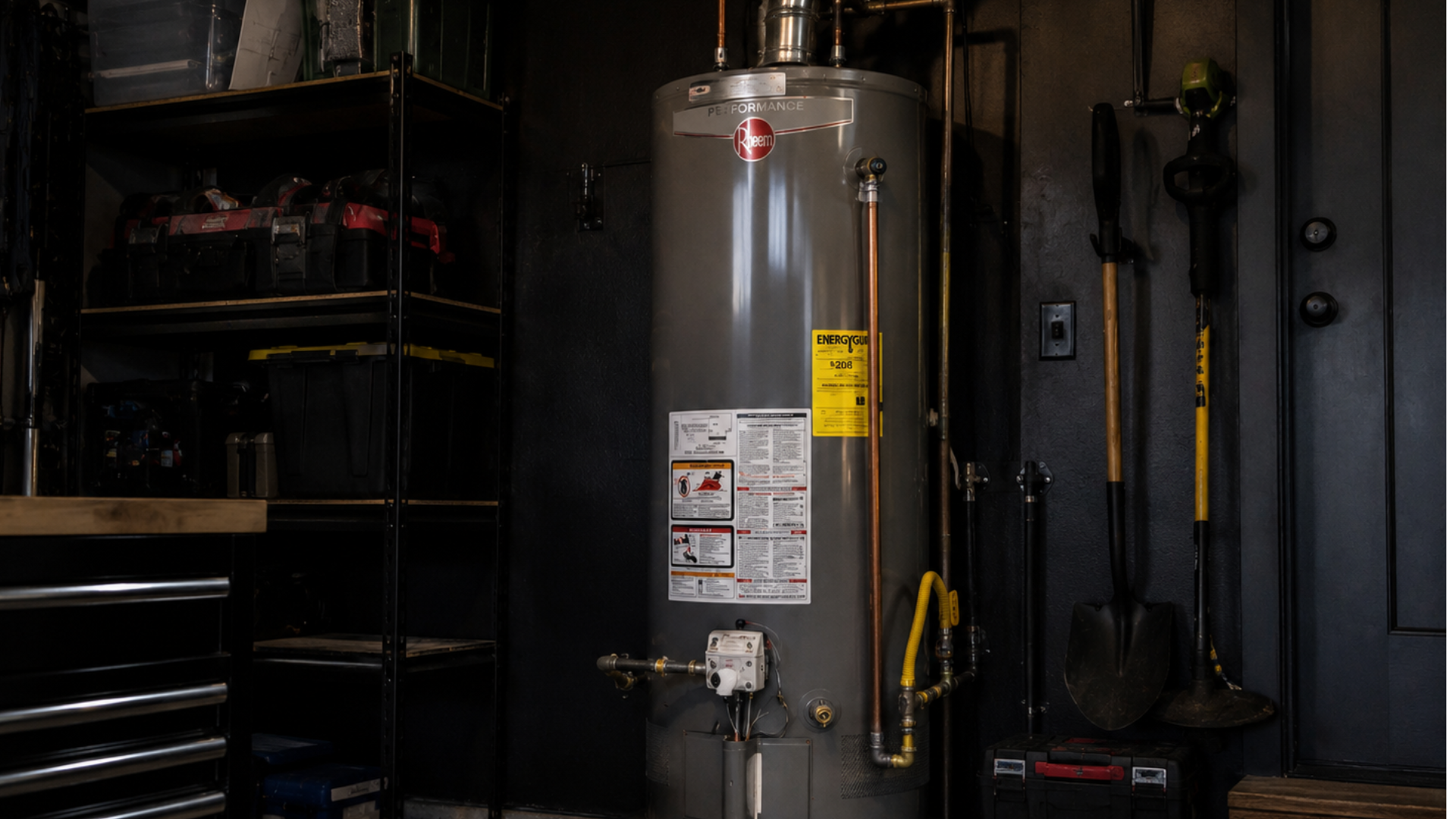 Traditional gas storage water heater installed in a residential garage with vent piping and plumbing connections, illustrating a standard tank-style water heater used to provide hot water throughout the home.