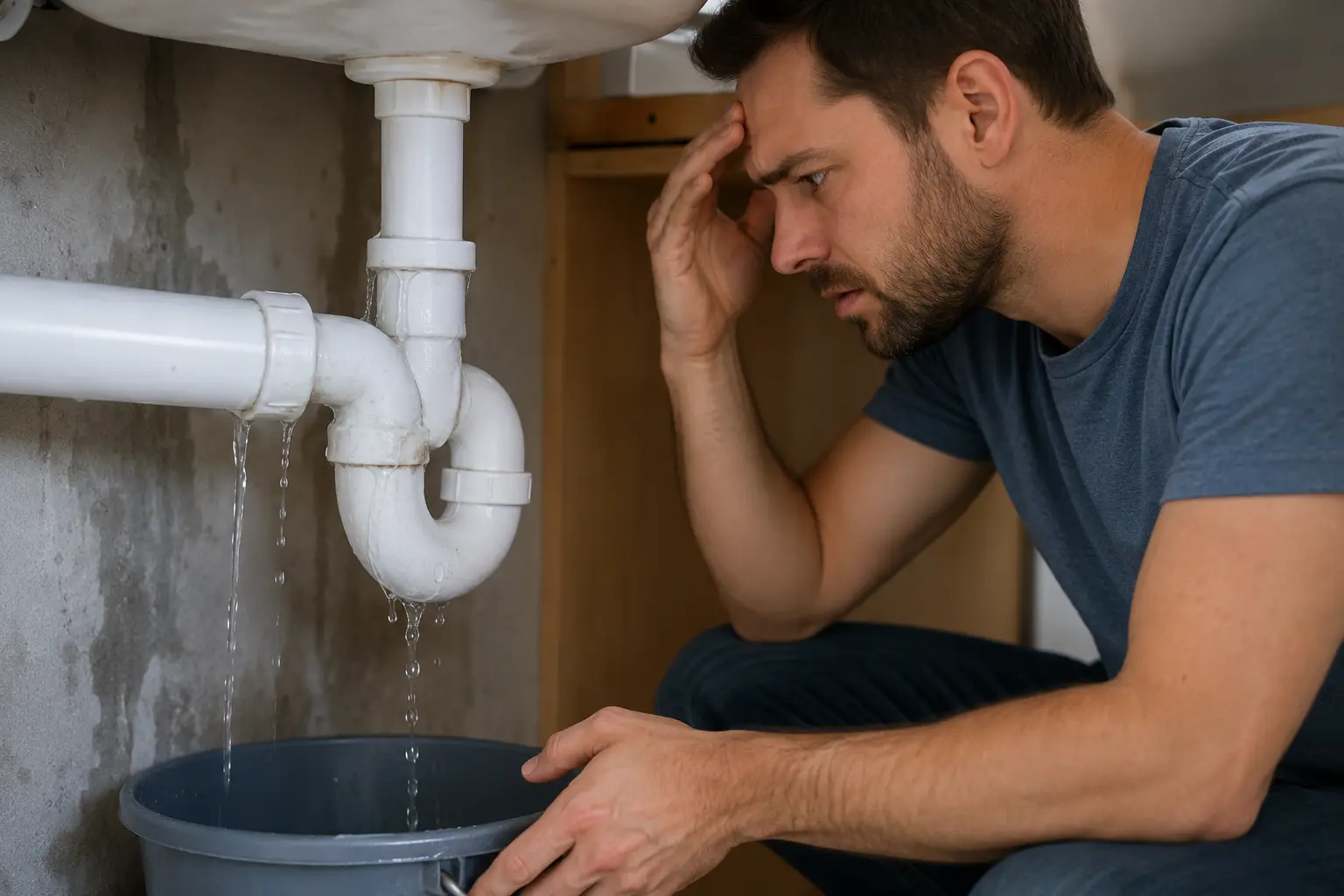 Leaking drain pipe under a kitchen sink causing water loss and reduced water pressure