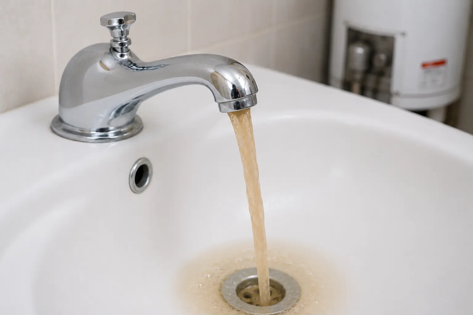 Discolored rusty water flowing from a bathroom faucet, a common sign of an aging or failing water heater