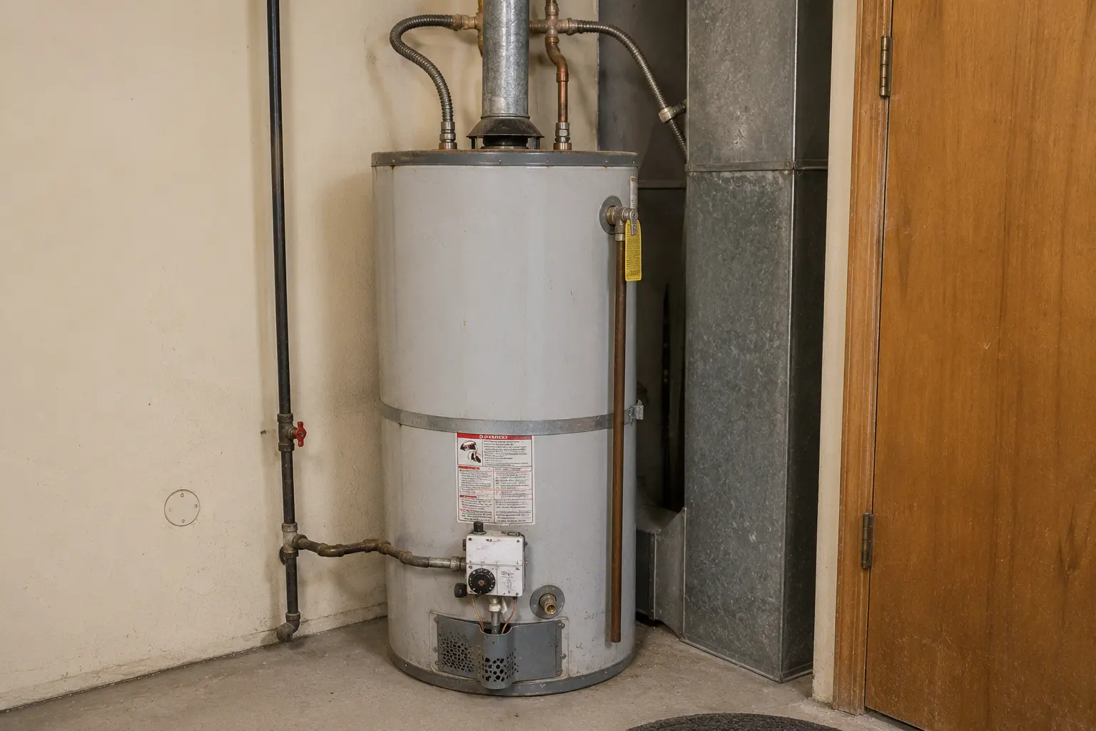 Older tank water heater installed in a garage utility area, showing signs of age and nearing replacement