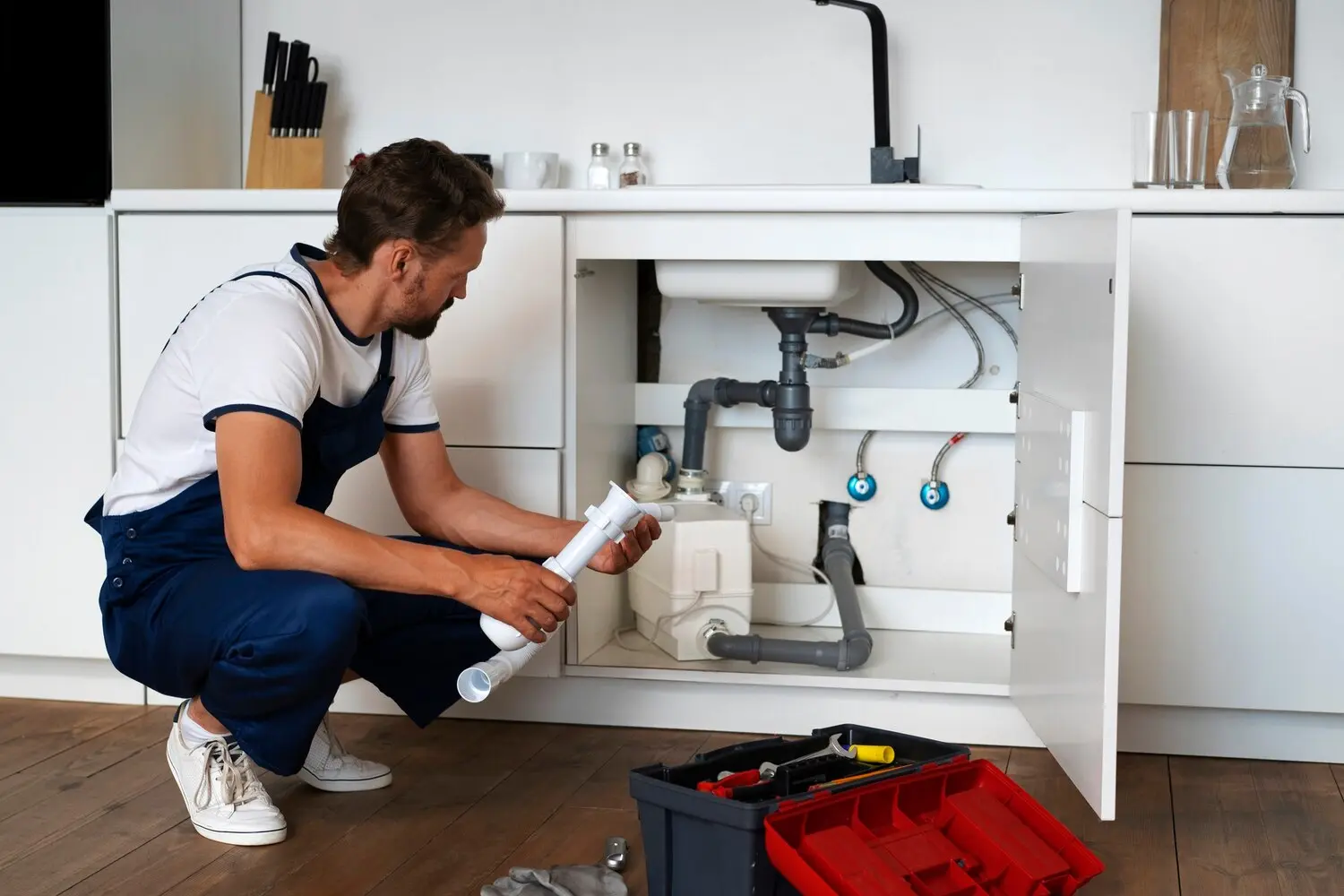 Plumber inspecting and replacing pipes beneath a kitchen sink.