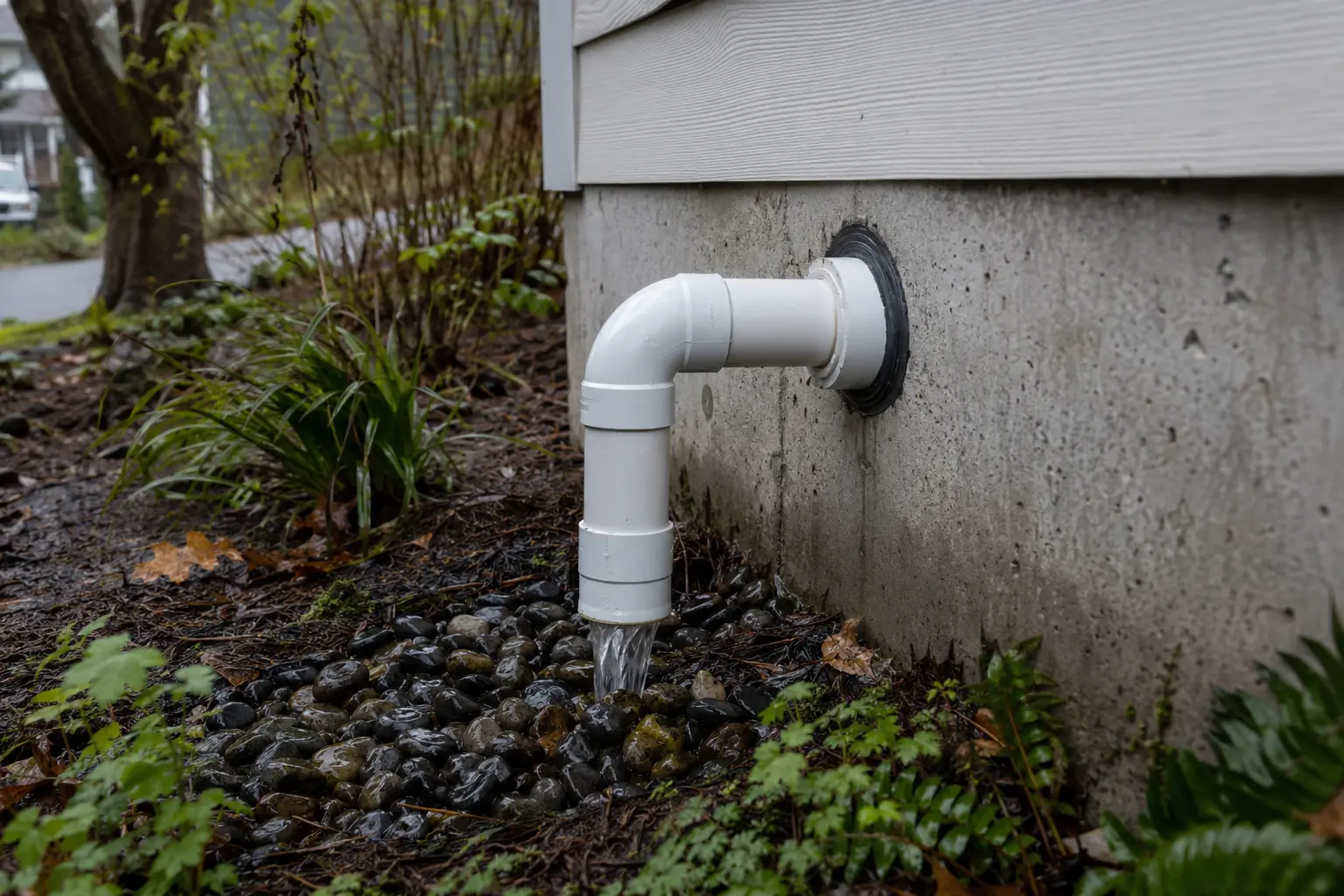  Sump pump discharge pipe draining beside a Portland home’s foundation in wet winter landscaping
