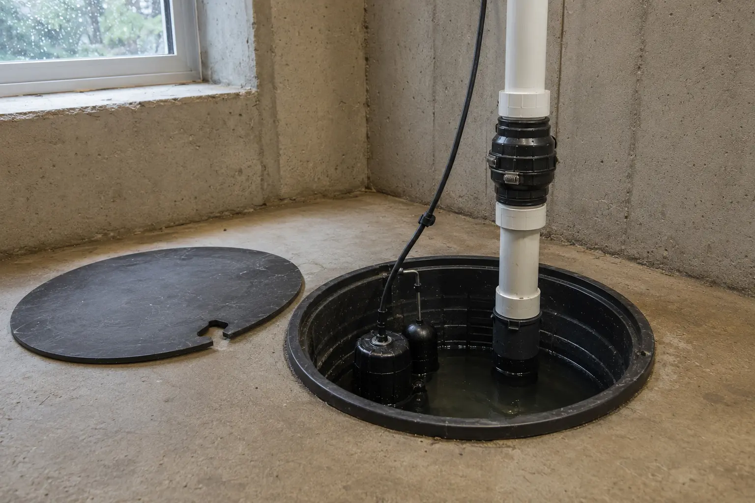 Sump pump operating inside an open black basin in a residential basement