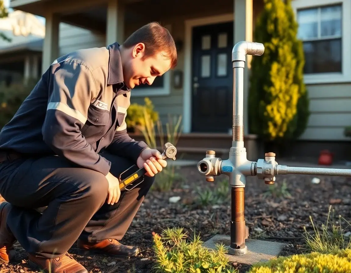 Plumber technician inspecting a pressure vacuum breaker installed near a residential irrigation shutoff