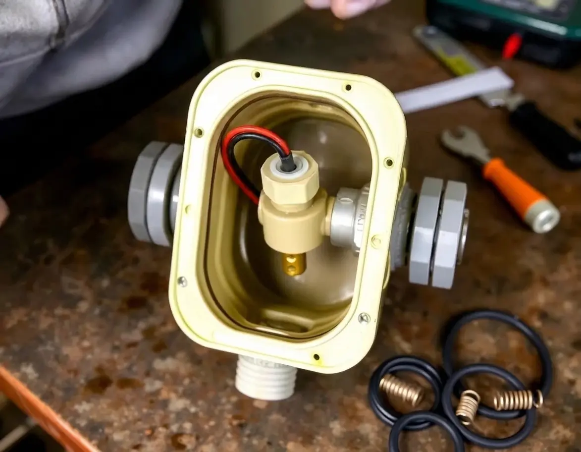Check valve inside a disassembled backflow prevention device on a workbench