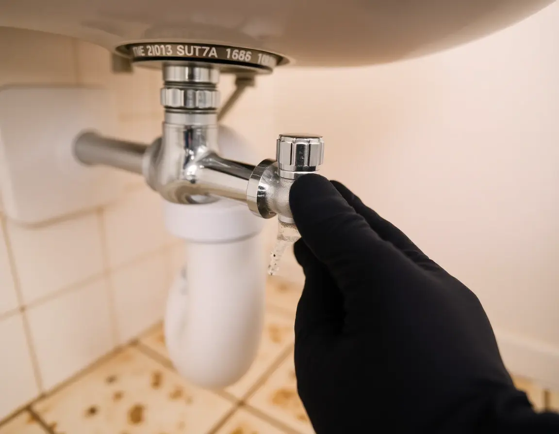 Close-up of a hand turning the chrome shutoff valve beneath a bathroom sink