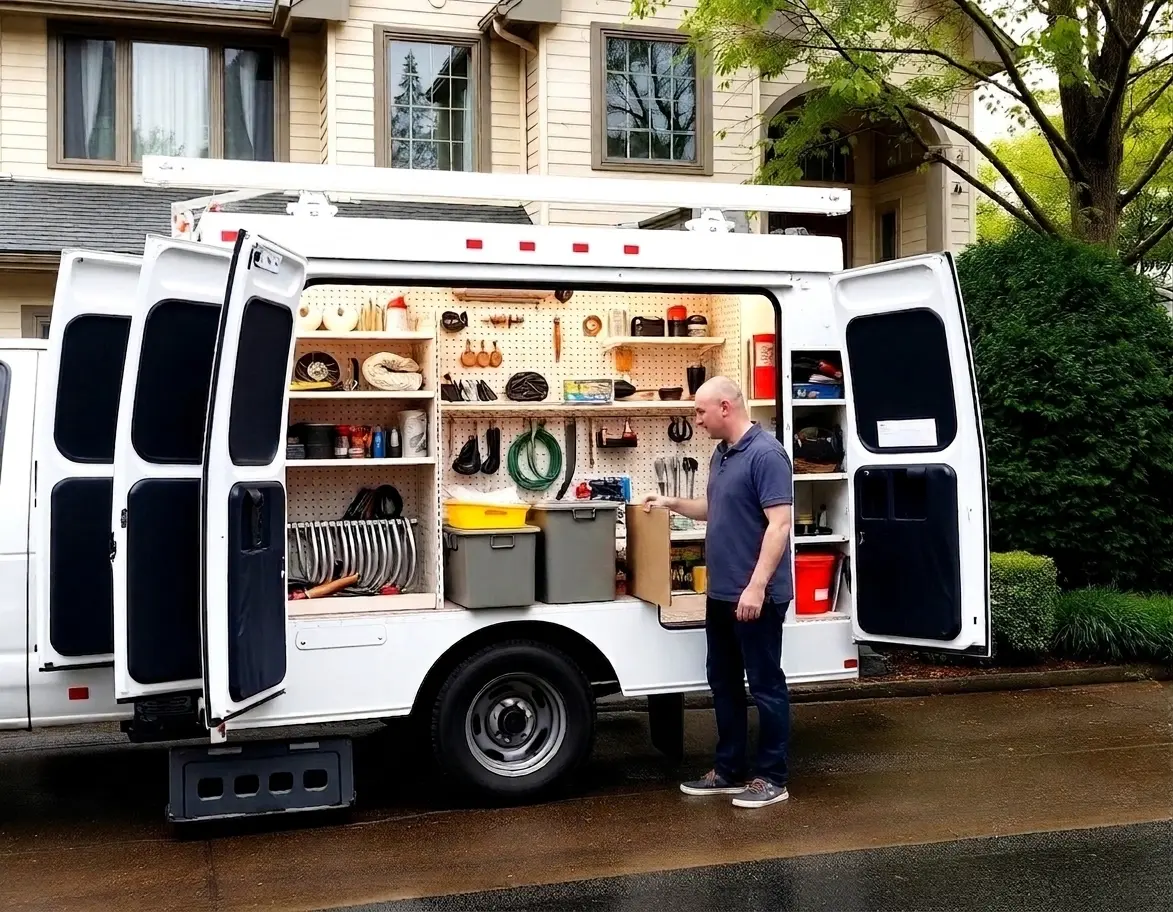 Plumber service van parked outside a Portland home with rear doors open showing organized tools and fittings