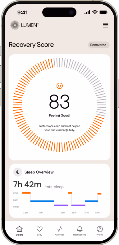 Mobile phone showing an app onscreen with a graphic visualization of recovery and sleep metrics