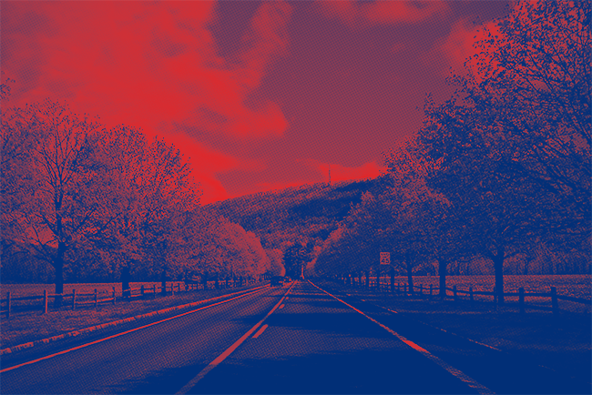Duotone red and blue image of Wilkes-Barre country road