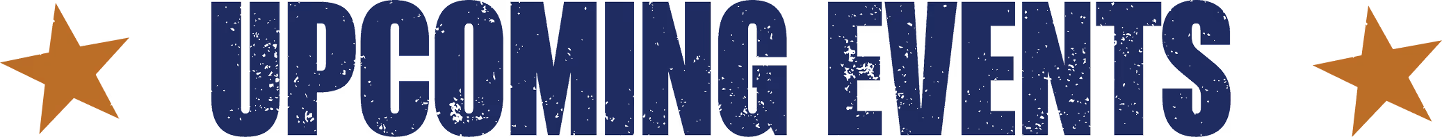 Banner text reading 'UPCOMING EVENTS' flanked by two brown five-point stars on a transparent background.