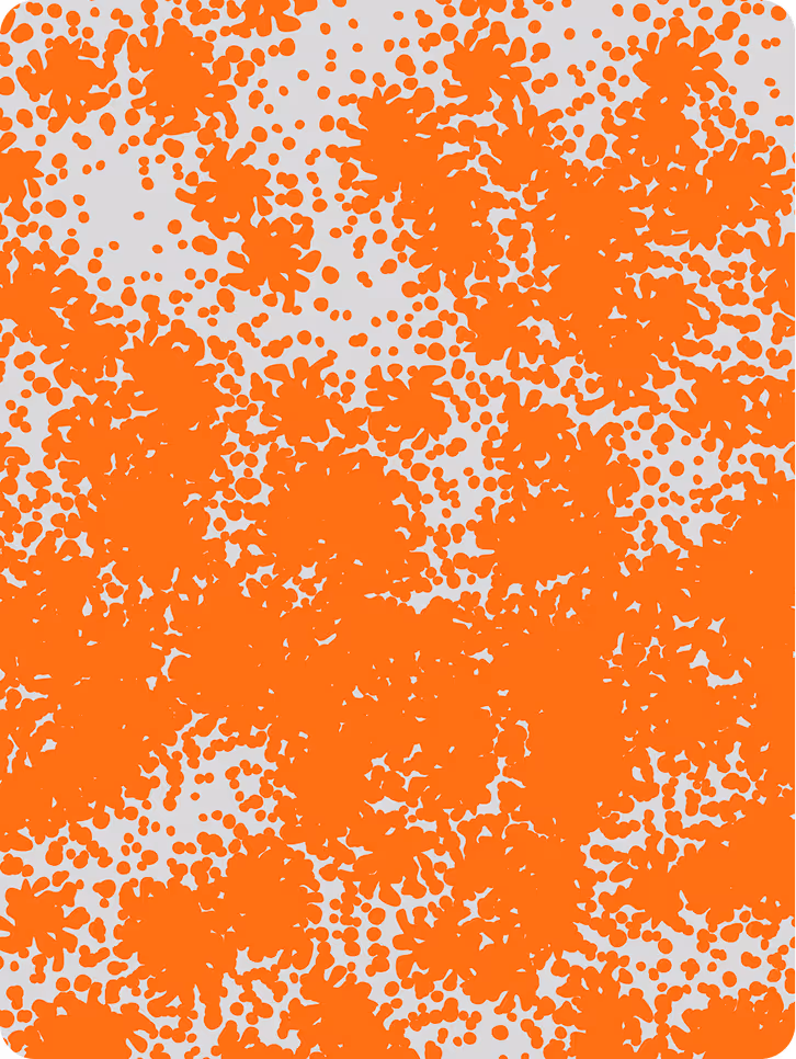 Abstract pattern of irregular orange dots and splotches scattered densely on a light gray background with rounded corners.