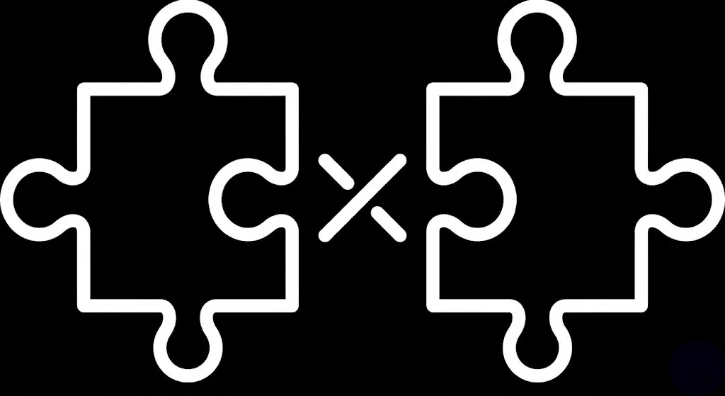 Two white puzzle pieces with an X symbol between them on a black background.