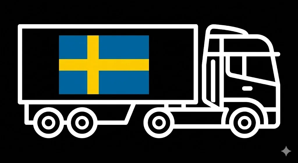 White outline of a truck with a trailer displaying the Swedish flag on a black background.
