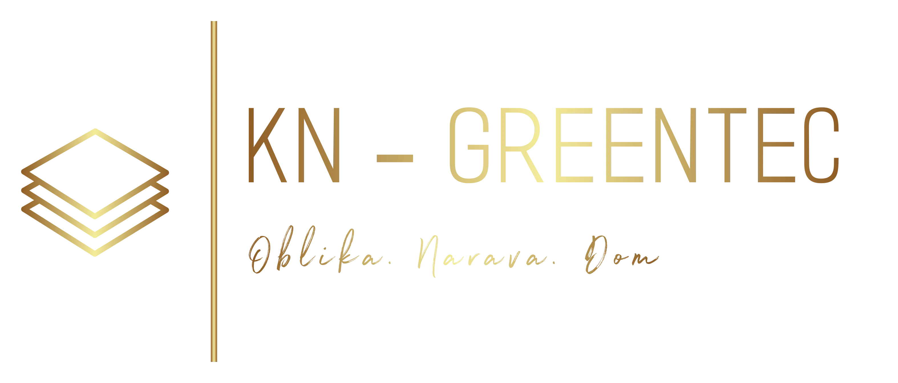 Gold gradient logo with three stacked diamond shapes on the left and text 'KN - GREENTEC Oblika. Narava. Dom' on black background.