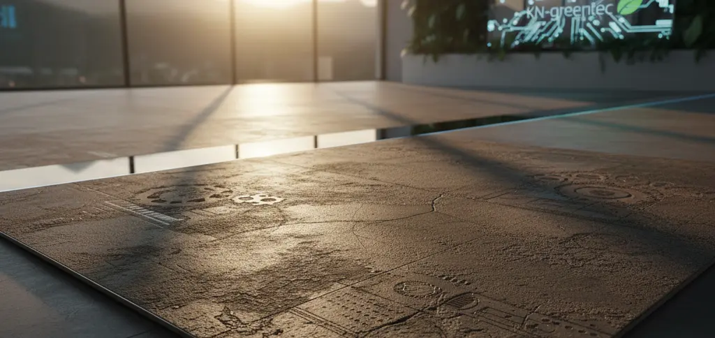 Close-up of textured ceramic floor tiles with embossed patterns reflecting warm sunlight inside a modern room.
