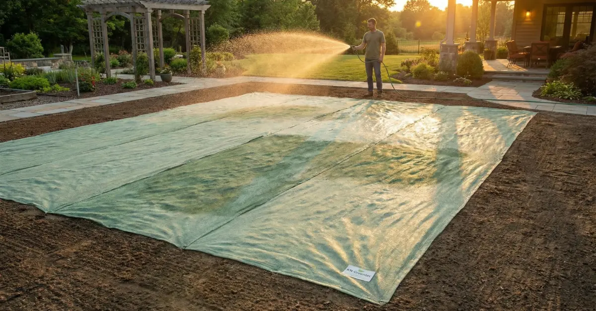 Moški zaliva veliko celulozno mrežo s semeni Bio-sistem KN-greentec, razprostrto po zemlji na dvorišču ob sončnem zahodu.