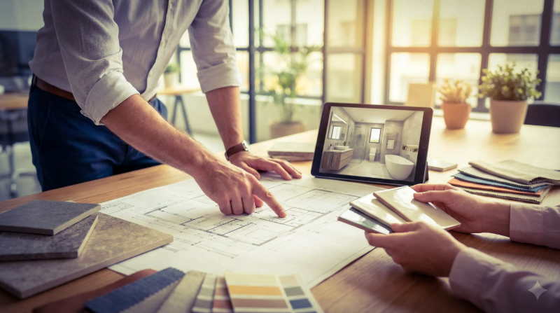 Dve osebi pregledujeta arhitekturne načrte na mizi z vzorci ploščic in tablico, ki prikazuje sodobno zasnovo kopalnice.