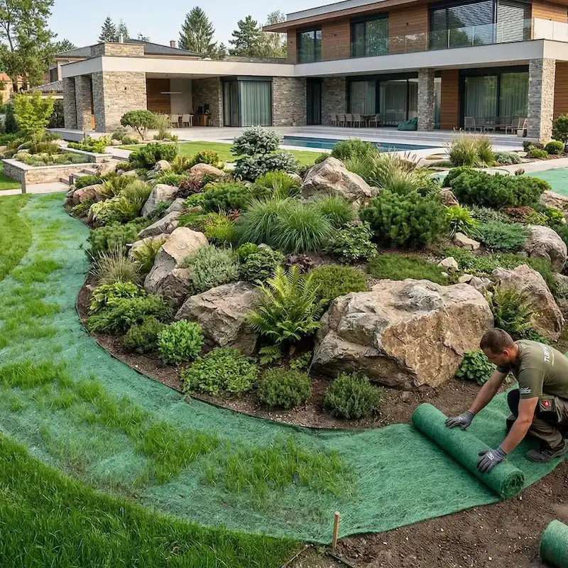 Ozelenitev zahtevnih, strmih terenov in skalnjakov z OazaTex matrico. Biorazgradljivi celulozni tekstil stabilizira brežine, popolnoma preprečuje erozijo tal, zadrži 10-krat več vlage in omogoča zanesljivo rast trave pod ekstremnimi koti.