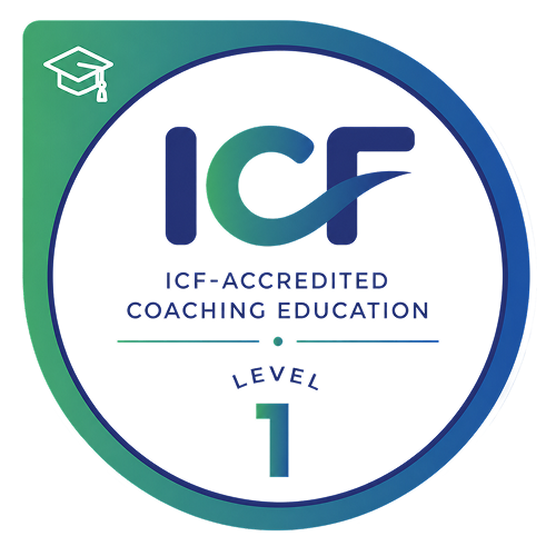 Badge with ICF-accredited coaching education Level 1 text and a graduation cap icon.