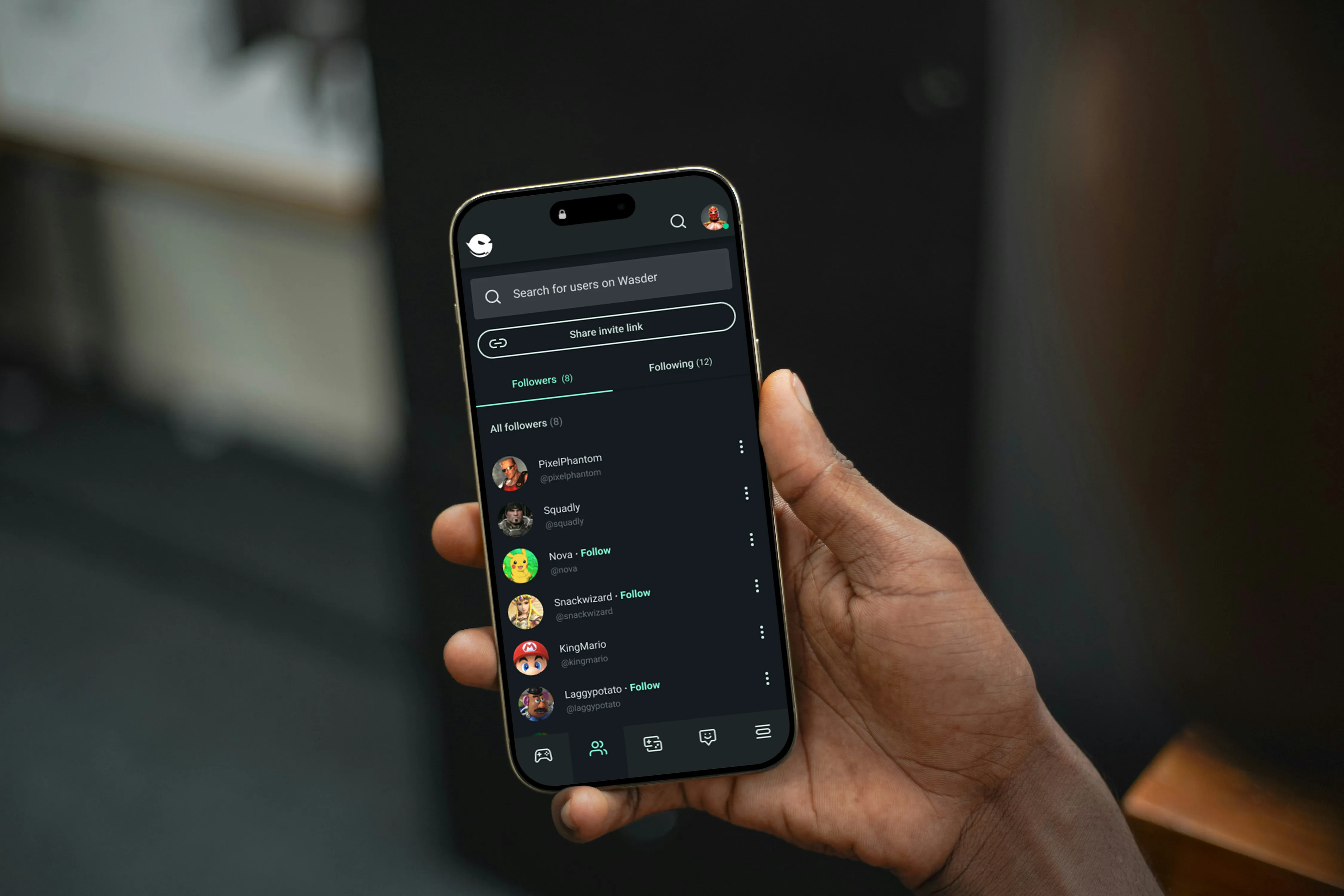 Hand holding a smartphone displaying a social app with a followers list including PixelPhantom, Squadly, Nova, Snackwizard, KingMario, and Laggypotato.