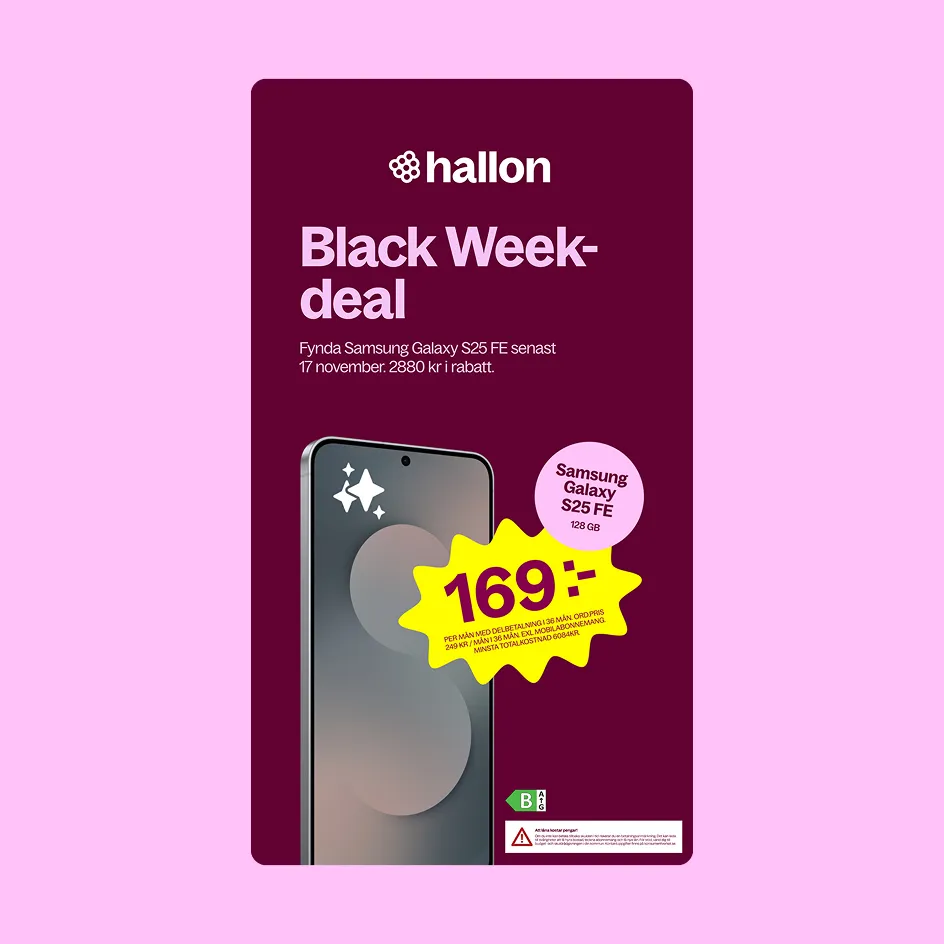 Hallon Black Week deal for Samsung Galaxy S25 FE 128 GB smartphone with a price of 169 SEK per month on a burgundy background.