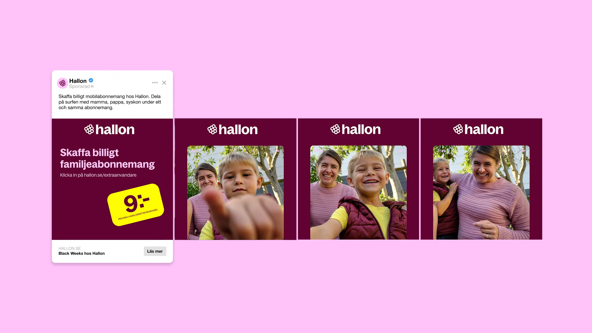 Hallon family mobile subscription advertisement featuring a woman and a young boy in outdoor setting with trees.