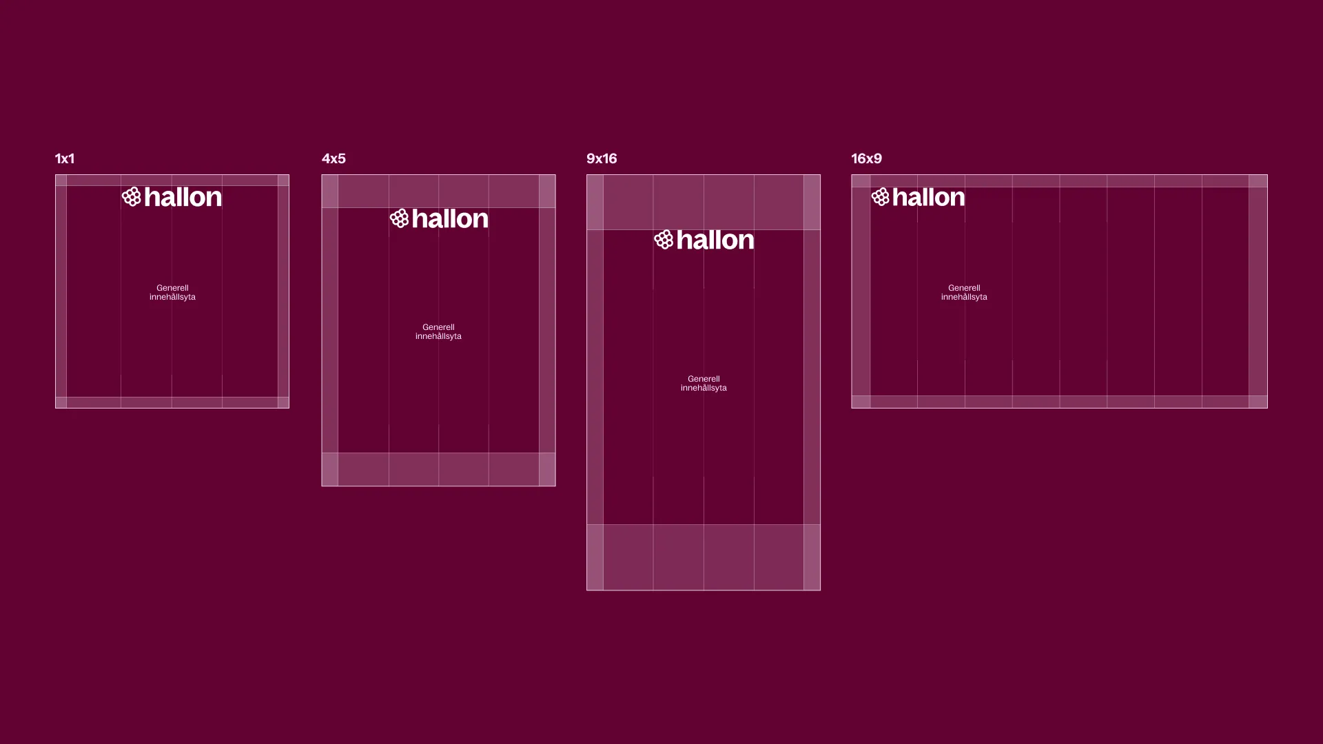 Four diagrams displaying Hallon logo placement and content area guidelines for 1x1, 4x5, 9x16, and 16x9 aspect ratios on a dark purple background.