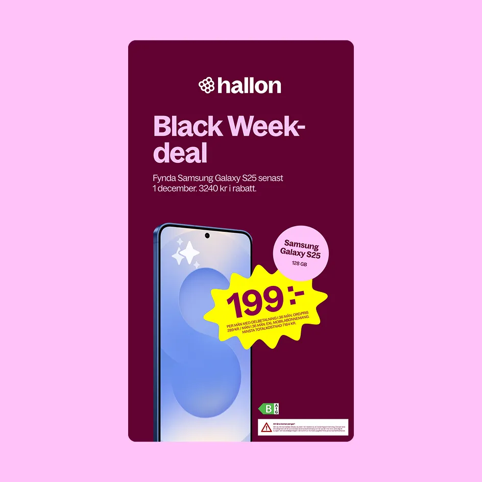 Hallon Black Week deal advertisement for Samsung Galaxy S25 128 GB smartphone with a 199 kr price tag on a yellow starburst shape.