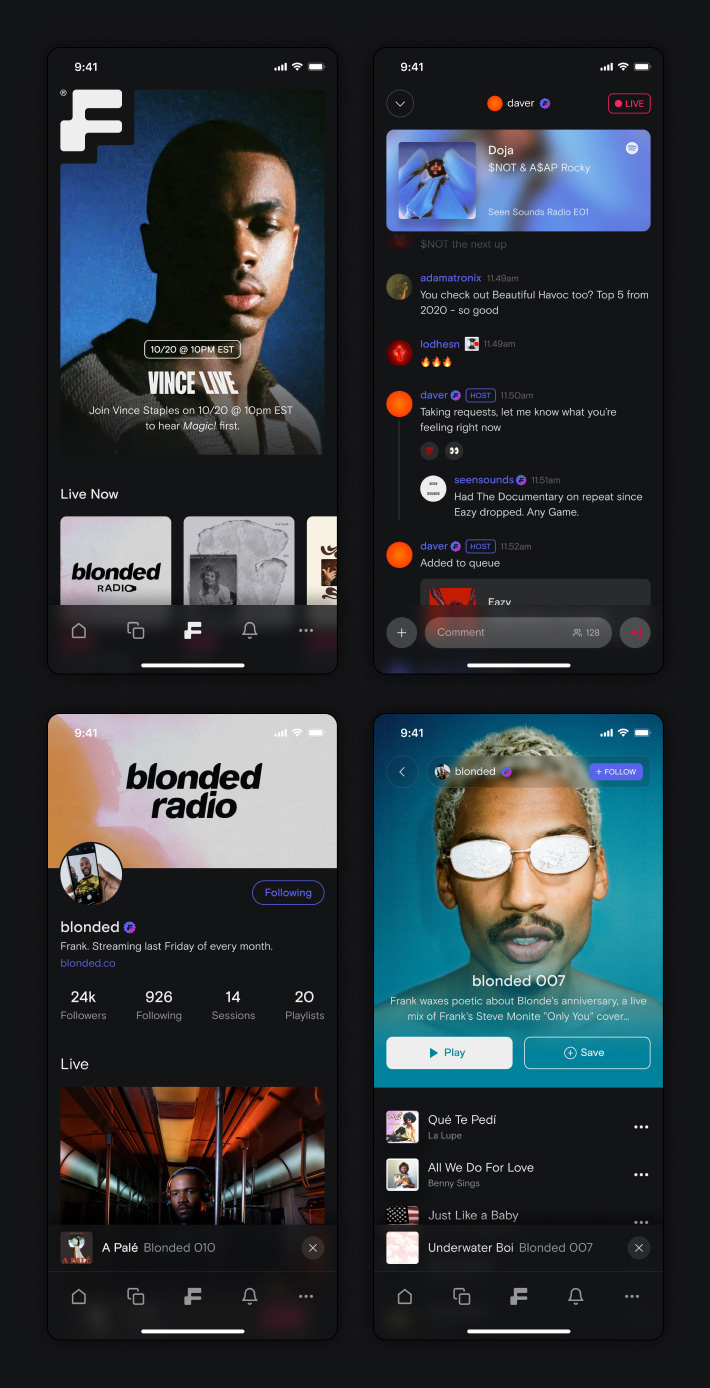 Four smartphone screens showing a music streaming app with live radio, artist profiles, chat messages, and playlist controls.