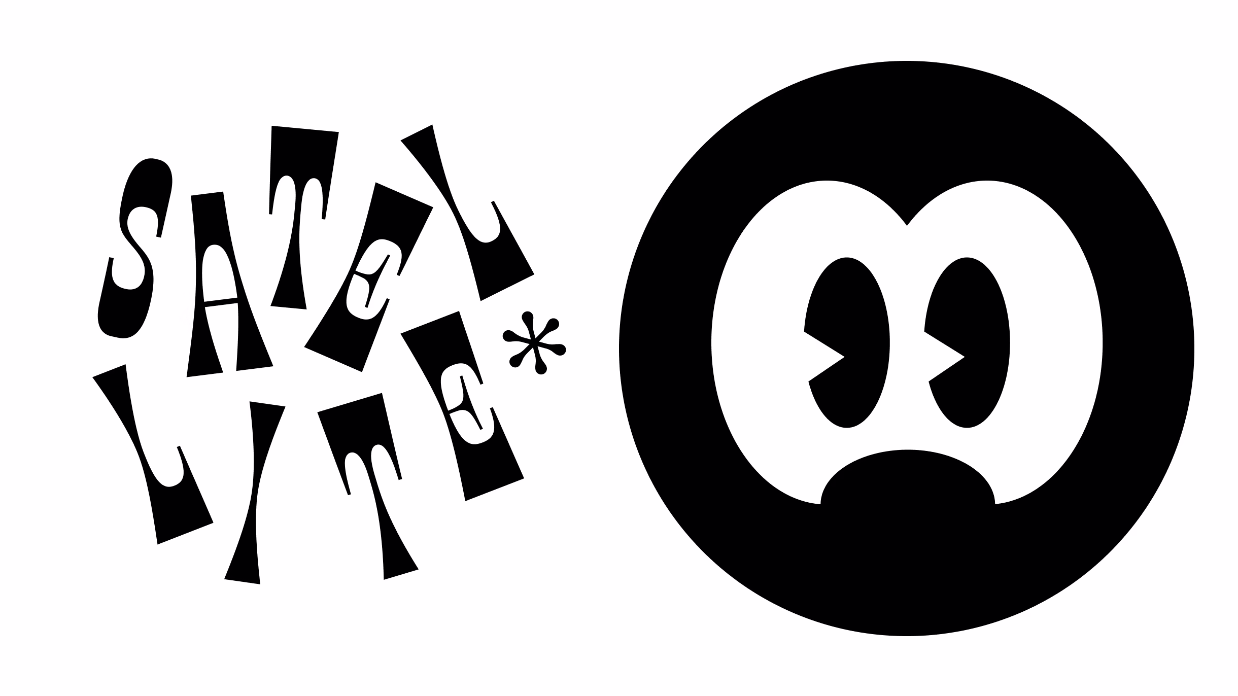 Satellite letterforms beside a circular ghost-face logo