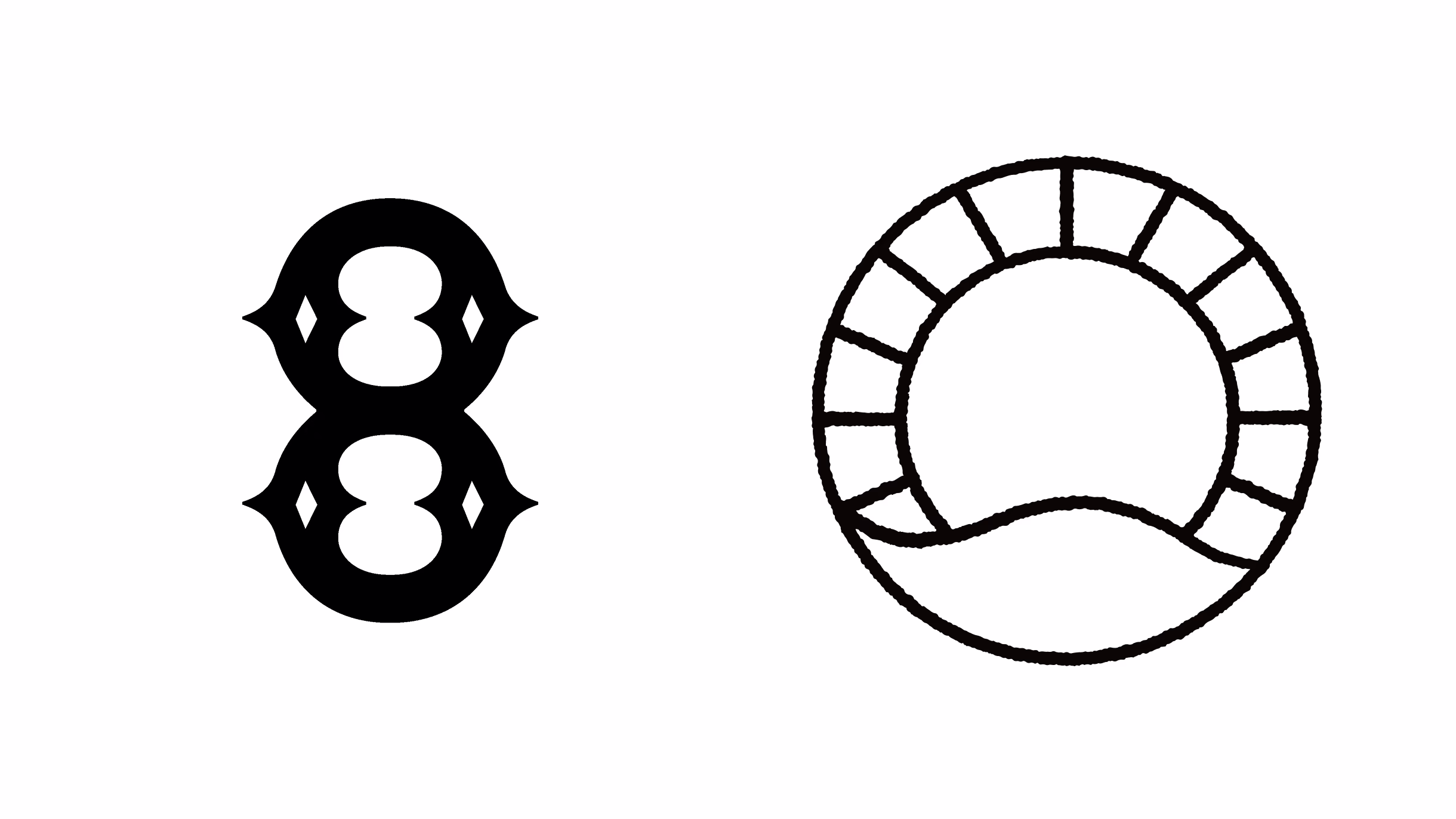 Two abstract black logos: a double-eight emblem and segmented circular mark