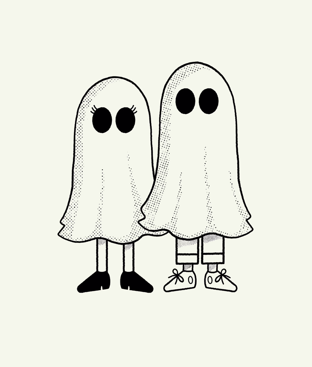 Two hand-drawn sheet ghost characters standing together