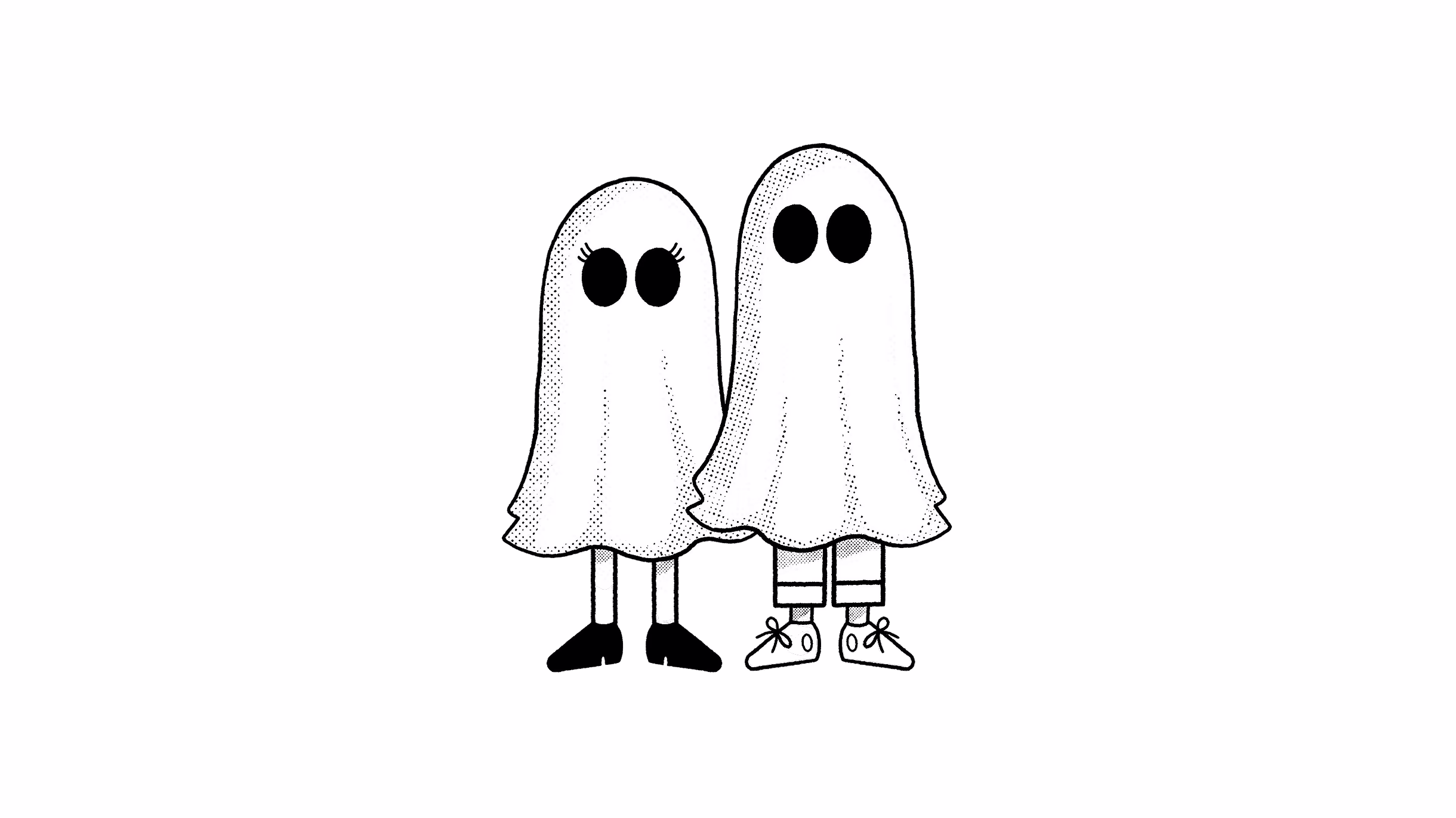 Two hand-drawn sheet ghost characters on white