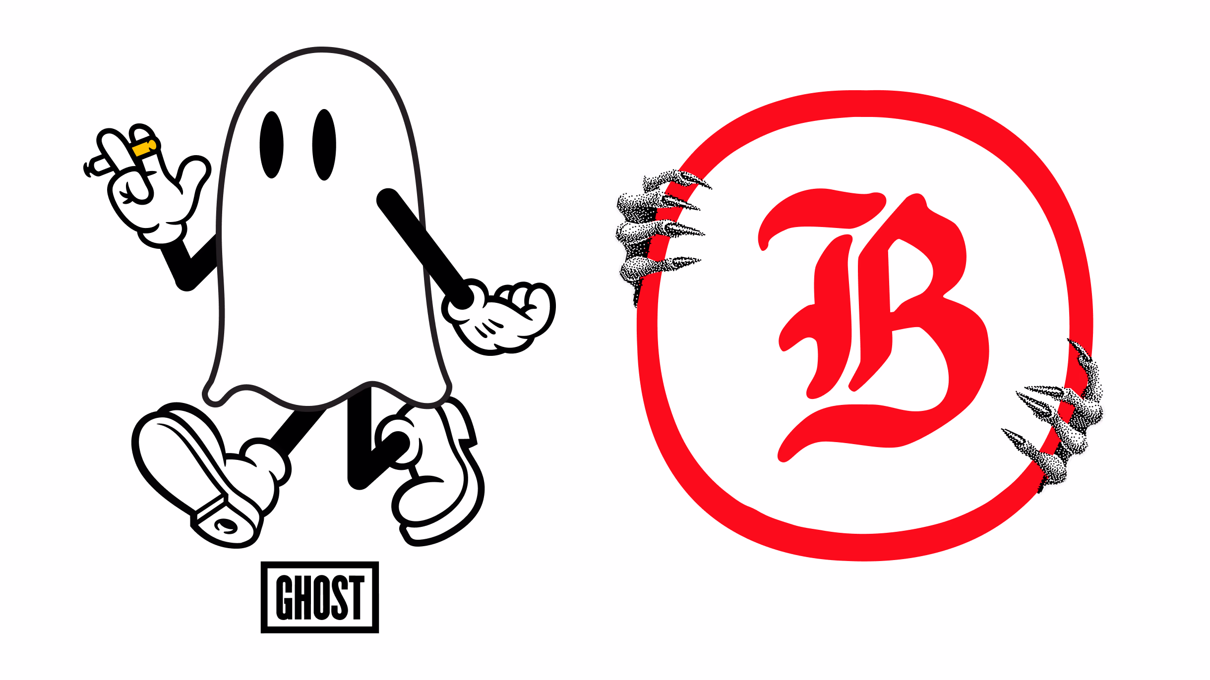 Cartoon ghost beside a red circular B emblem