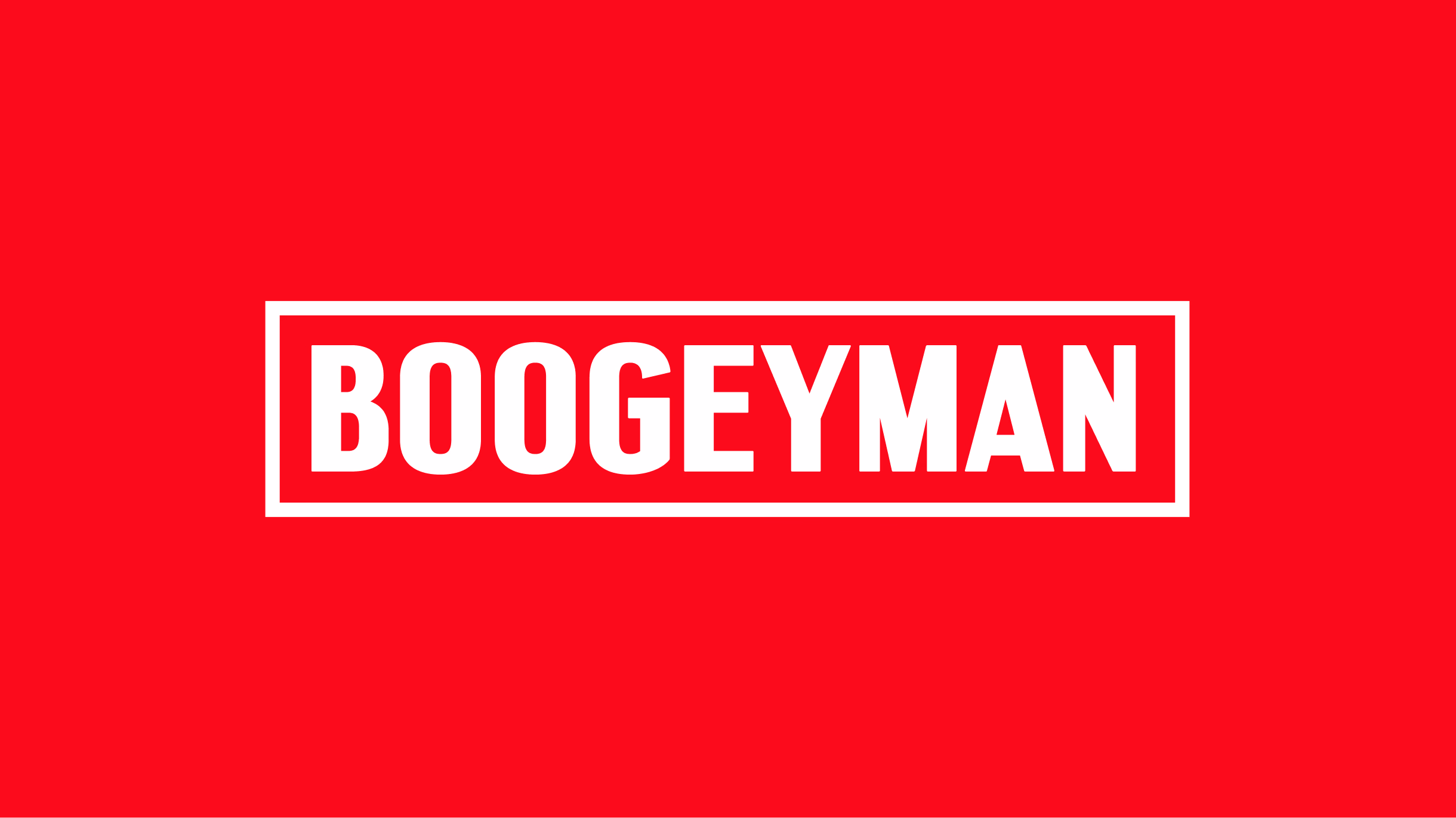 White Boogeyman wordmark inside a box on red