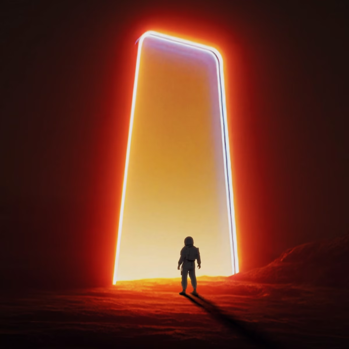 Small figure approaching a towering glowing orange doorway