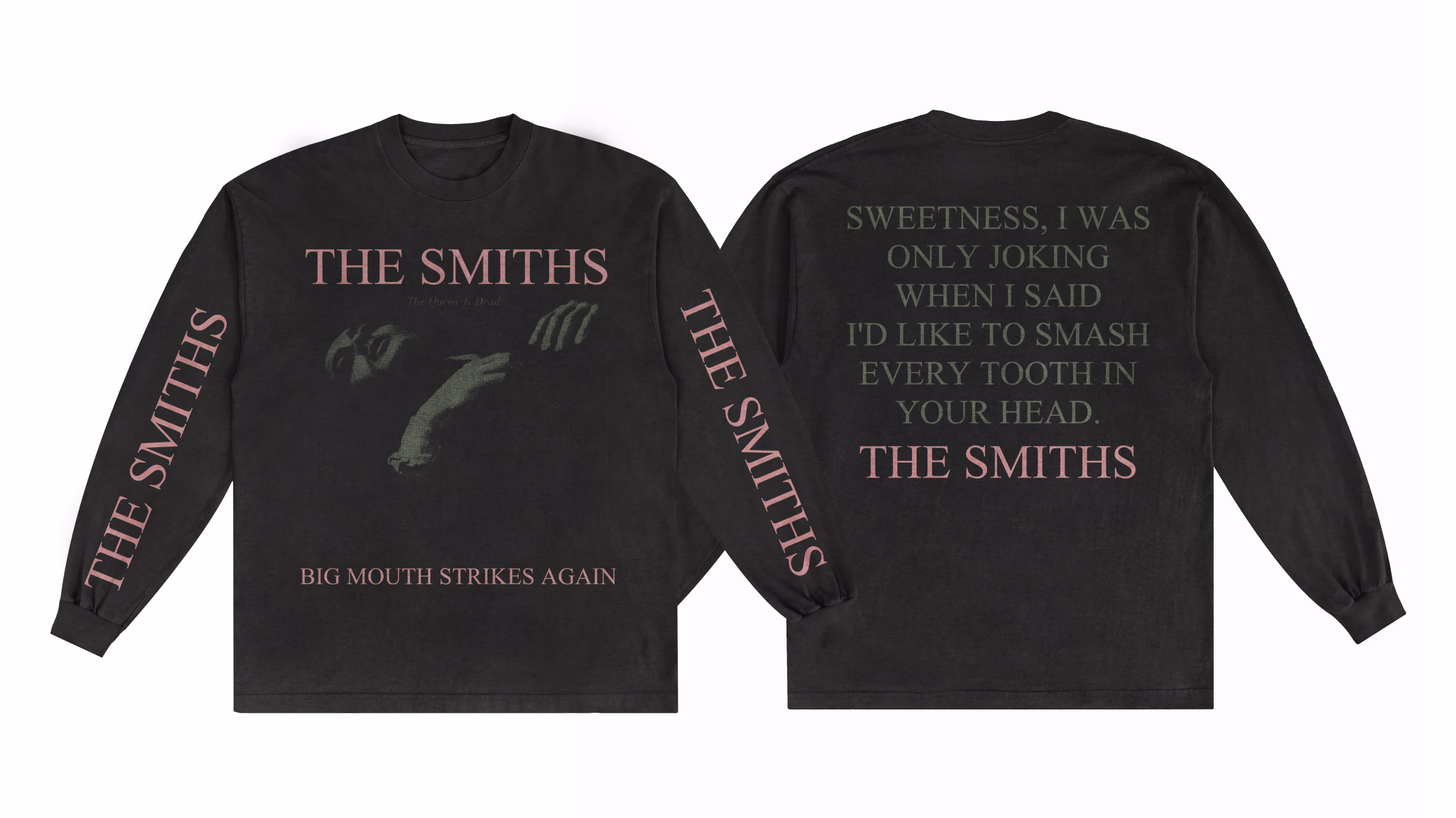 Front and back of a black long-sleeve The Smiths shirt