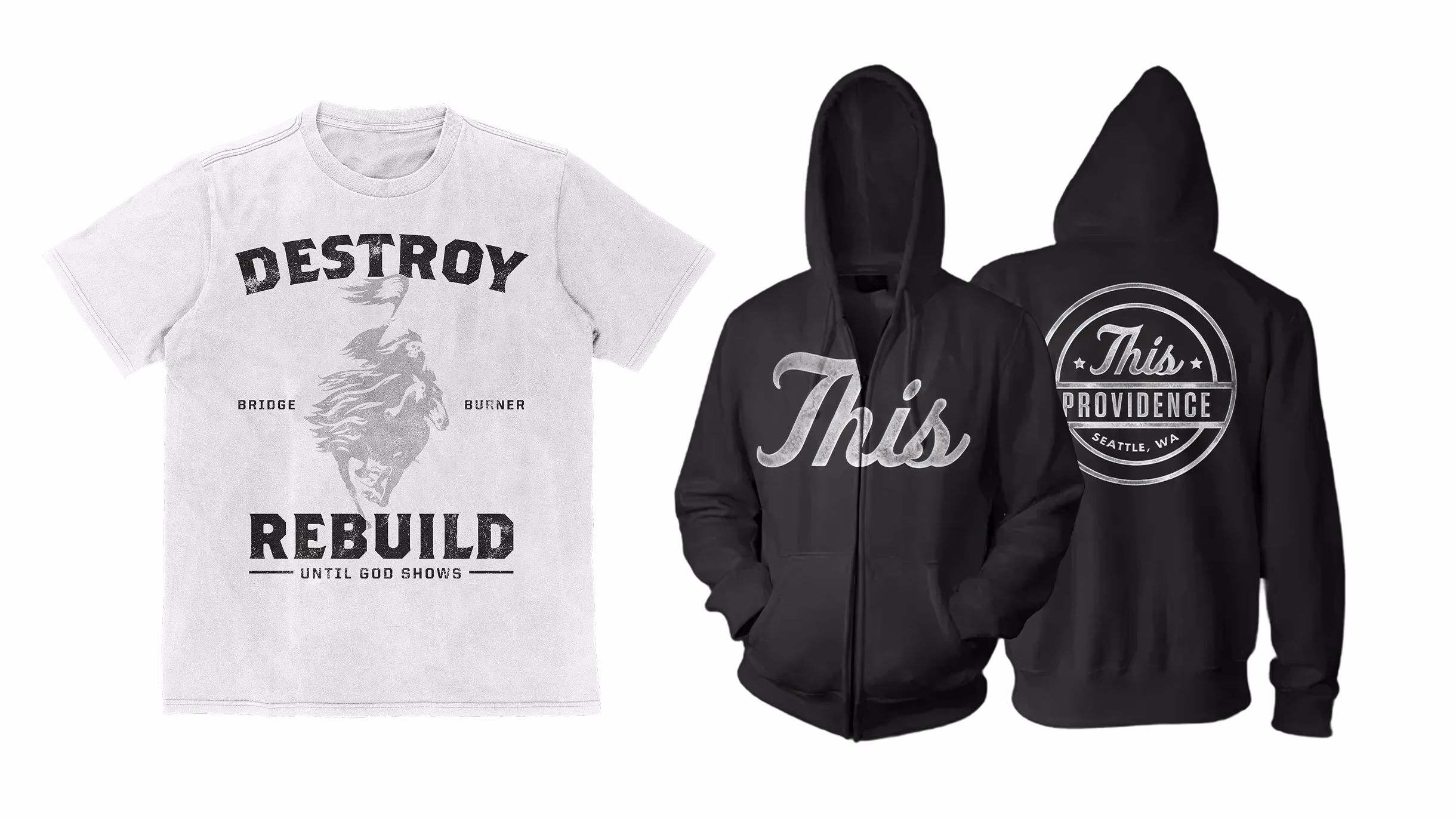 White Destroy Rebuild T-shirt and black This Providence hoodie